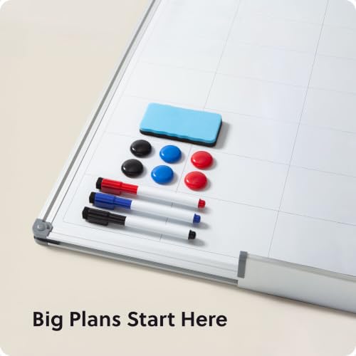 U Brands 24" x 36" Magnetic White Board Calendar, Silver Frame with Markers