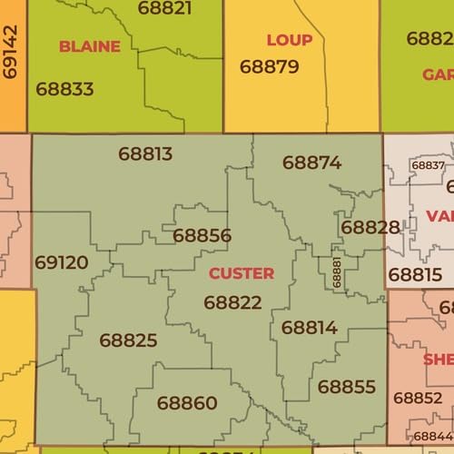 Nebraska ZIP Code Map with Counties - Large - 30.50 x 48 inch Poster - Front Lamination