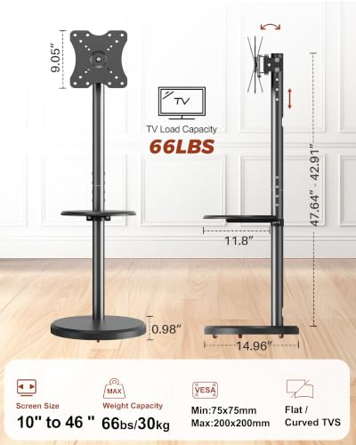 Small Rolling TV Stand for 10-46 Inch TVs with Shelf and Hidden Wheels