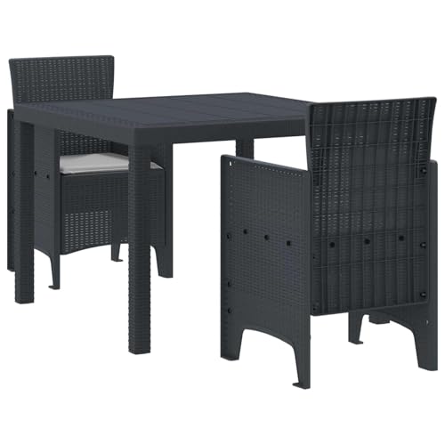 Fisinber Garden Dining Set 3 Pieces 39x39in Square Anthracite Poly Rattan Table and 2 Chairs with Cushions for Outdoor Patio, Balcony, Terrace, Backyard Conversation and Bistro Seating