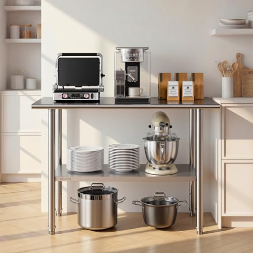 VEVOR Stainless Steel Work Table, 24x48 Inch Food Prep Table, Commercial Kitchen Workstation with Adjustable Undershelf, Metal Heavy Duty Utility Worktable, for Restaurant Home Hotel Garage Outdoor