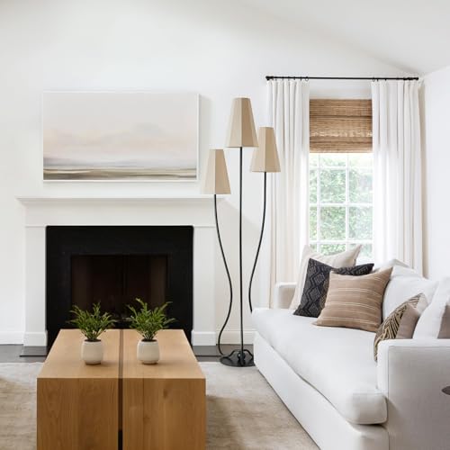 Dimmable Sculptural Vintage Floor Lamp, 3-Light Standing Lamps with Curved Iron Base & Octagonal Linen Shades, Statement Lighting for Living Room, Bedroom, Studio (Remote-Natural Linen Shade)