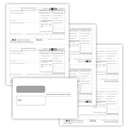 ComplyRight W-2 5-Part Tax Form Set with Envelopes, Recipient Copy Only, 2-Up, Pack of 25, Tax Preparer Supplies