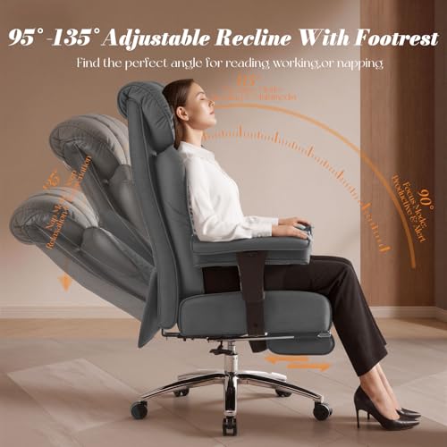Efomao Big and Tall Executive Office Chair 400lbs, Heavy Duty Computer Chair with 24" Extra Wide 6.1" Spring Cushion, 3" Height Adjustable Armrests, Desk Chair with Footrest, Grey