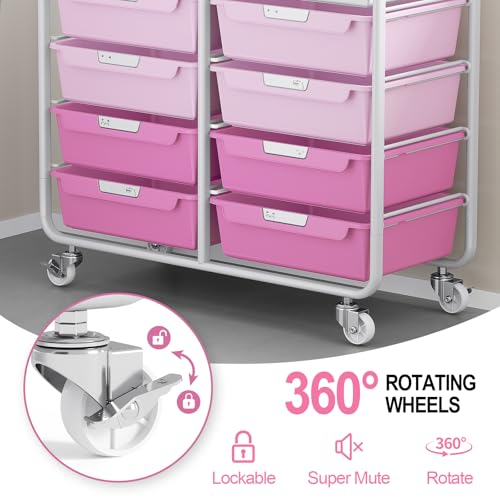 10 Drawers Rolling Cart with Wooden Tabletop, Utility Storage Cart with Wheels, Art Supply Craft Organizer on Wheel with Metal Frame & Handles for Home Office School,Pink