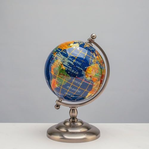 KALIFANO 7” Tall Gemstone Globe with Vibrant Polished Lapis Ocean and Mosaic Crystal Continents - World Globe with Metal Stand for Office & Home Décor