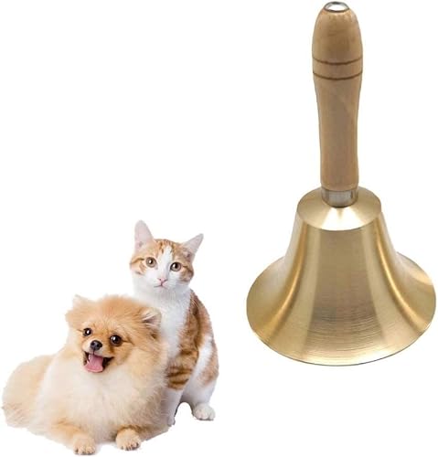 Hand Bell Extra Loud Solid Brass Call Bell， Rattle Bell with Wooden Handle School Bell Handheld Loud Call Bell for Table Hotel Counter Reception Restaurant Bar- 14cm