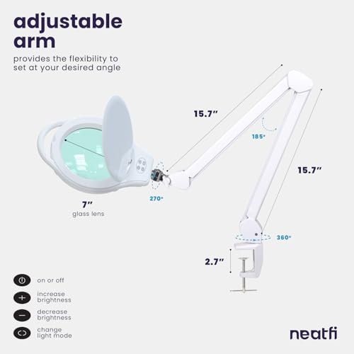 Neatfi Elite XL HD LED Magnifying Lamp | 7-Inch Lens | 1.75X + 4X Magnification | Dimmable | 3 Light Modes (3000K / 4000K / 6500K) | Adjustable Arm | Glare-Free (White-2, 7-inch Lens, CCT with Clamp)