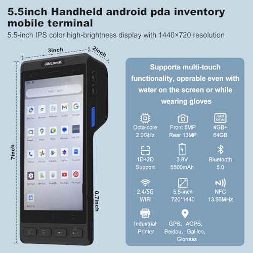 JibLumK Industrial Handheld PDA Terminal, Integrated Thermal Printer, Barcode Scanner.Rugged Android 14 PDA with Integrated Printer & 1D/2D Barcode Scanner,NFC, WiFi/4G for Retail,Warehouse