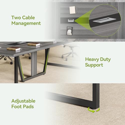 LITTLE TREE 8FT Conference Table for 10 People, Large Meeting Table, Modern Wooden Conference Room Tables with Cable Management, Business Style Training Tables with Strong Metal Legs for Office, Grey