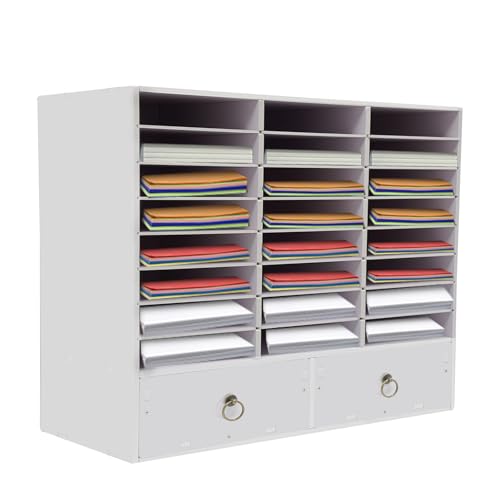 KSSTEVNBD Literature Organizer 24 Compartments Desktop File Sorter Mail Center Paper Storage Organizer with 2 Drawers for Home School Student Mailbox for Classroom (White)/White
