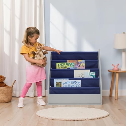 FDP Laminate Children's Sling Book Display Shelf Durable, Easy-Clean Organizer for Daycare, Preschool, Classroom or Home Promotes Early Reading Habits - Gray/Navy
