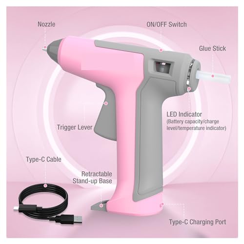 LIBODD Hot Glue Gun 3.6V Cordless Hot Glue Gun Fast Heating Glue Gun Kit with 7MM*20 Pcs Glue Sticks Home DIY Tools for DIY Arts, Crafts and Quick Repairs(Pink)