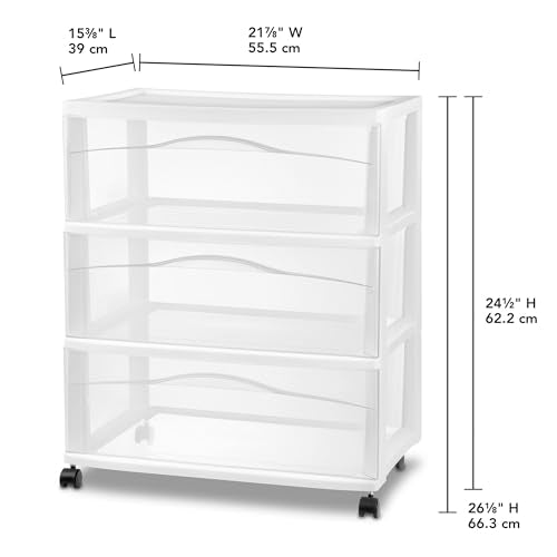 Sterilite Wide 3-Drawer Cart with Wheels for Bedroom and Dresser, 4-Pack