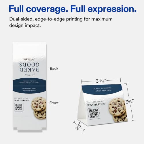 Avery Printable Rectangle Table Tent Cards, 3-3/8" x 3-11/16", Glossy White, Sure Feed Technology, Print-To-The-Edge Capability, Laser/Inkjet Compatible, 100 Total, Ideal for Packaging, & Displays