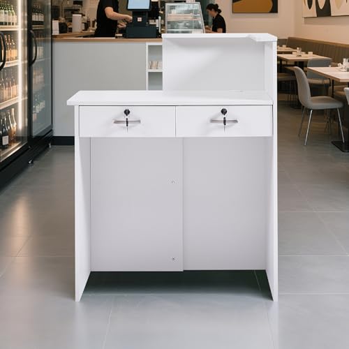 Zethvax Reception Desk with Counter,Small Front Desk with Two Lockable Drawers,Cable Management Holes,Counter Table for Salon Lobby Office Home (White)