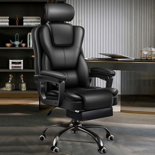 GIZNXBA Desk Office Chair,Big High Back Chair, PU Leather Computer Chair with Foot Rest, Managerial Executive Office Chair with Adjustable Headrest, Armrest Task Chairs with Wheels (Color : /Black)