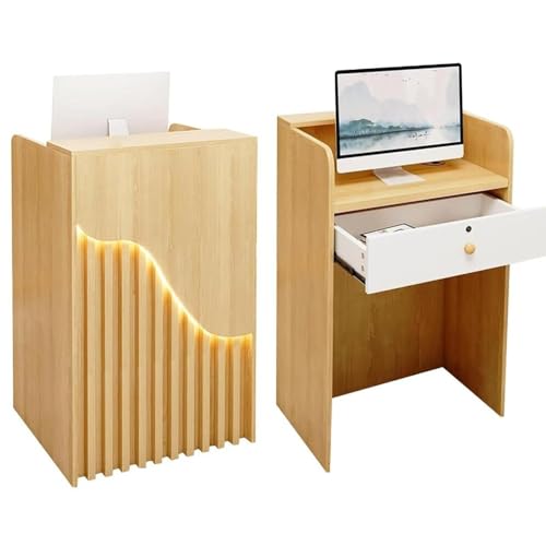 DESALAI Small Reception Desk,Creative Grille Wood L-Shap Cashier Cabinet,Front Desk Counter with LED Lights,Modern Retail Drawers,Portable Podium Stand,for Churches Lectern Classrooms