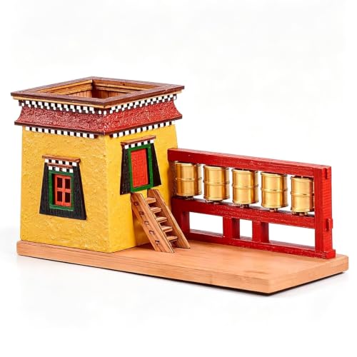 JYSWDZ Handmade Wooden Desktop Pen Holder, Tibetan Architecture Pen Holder, With Rotatable Prayer Wheels, Ethnic Decor Pencil Pot, Solid Wood Painted Creative Ornaments, For Holiday Gifts yellow