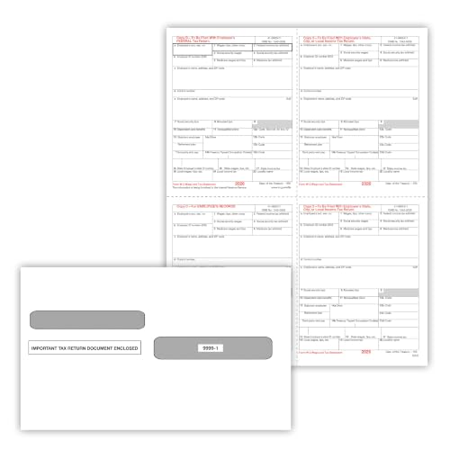 ComplyRight W-2 Tax Form Set with Envelopes, Recipient Copy Only, 4-Up (Box), Pack of 25 Forms, Tax Preparer Supplies