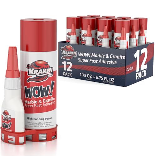 Kraken Bond Wow Marble & Granite CA Glue With Activator - (12x6.75 fl.oz) Activator, (12x1.75 oz) for Stone, Ceramic and Metal, Strong Super Glue With Accelerator, 12 Pack