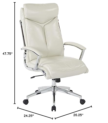 Office Star FL Series Faux Leather Executive High Back Office Chair with Adjustable Tilt and Padded Chrome Arms, Cream
