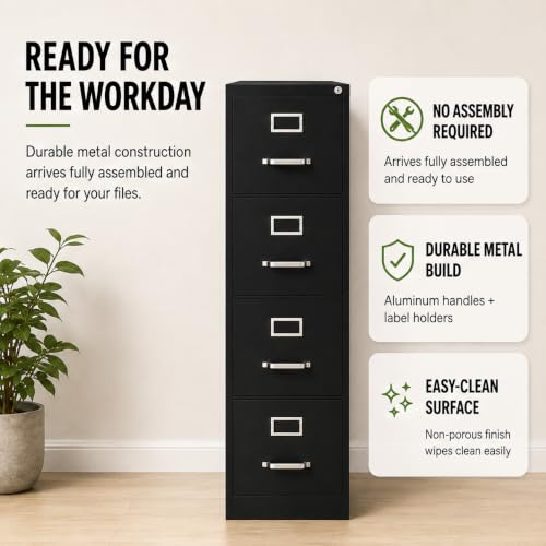 Scranton & Co 4-Drawer Metal Vertical Filing Cabinet, 22 in Depth, Black Finish, Letter Width, Durable Steel Construction, Locking Mechanism, Compact Design for Office or Home Workspace Storage