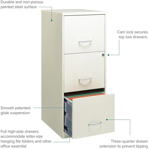 Scranton & Co 18" Deep 3 Drawer Metal Vertical Filing Cabinet, Letter Size, Locking, Home Office, in Pearl White