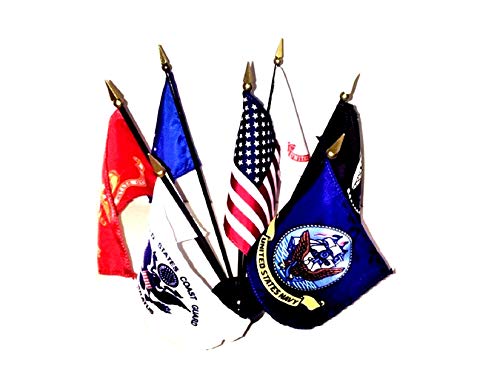 Made in the USA - United States Military Flag Set with Black Base-7 Rayon 4"x6" Flags, One Flag for Each Armed Service, POW/MIA and USA; 4x6 Miniature Desk Small Mini Stick Flags