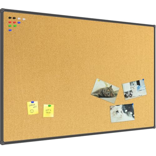 JILoffice Cork Board Bulletin Board 60 x 36 Notice Board, Black Aluminum Frame Wall Mounted Board for Office Home and School with 10 Push Pins