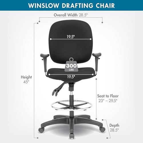 Studio Designs Winslow Drafting Work Chair with Foot Rest - Adjustable Height Chair - Contoured for Desk or Drafting Table