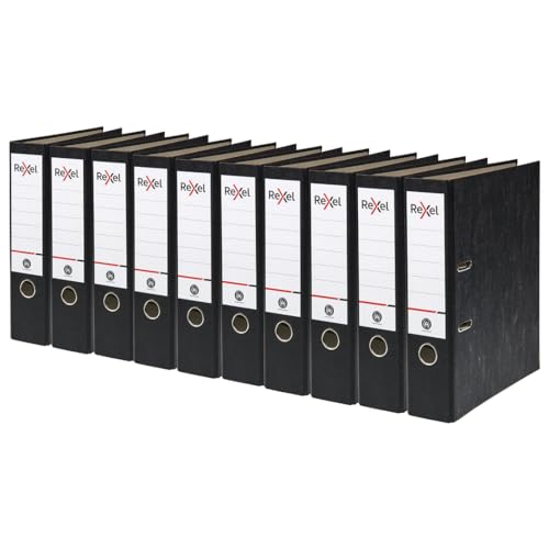 10 x Rexel A4 Lever Arch Files, Black, 500 Sheets Capacity, 75 mm Spine Width, Strong & Durable Paper on Board, Ideal for Filing and Archiving at Home, School and The Office, AZ2115547