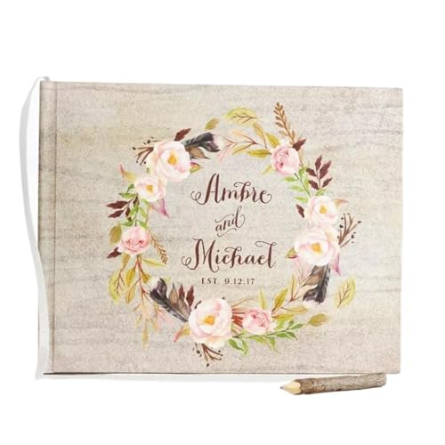 YUIPMHFD Flower Wedding Guest Book Alternatives,Personalized White Guestbook, Album,Wood Look Printable(21.5x21.5cm)