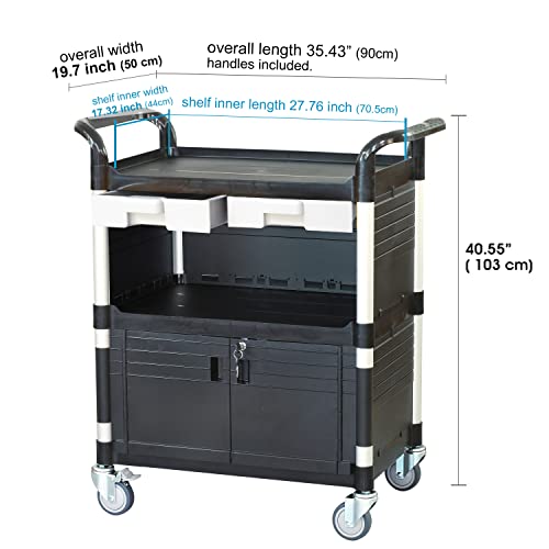 JaboEquip 3 Tier Heavy Duty Utility Cart, Lockable Medical Cart, 606 lbs Load for Lab, Hospital, Office, JB-3KD1, Black