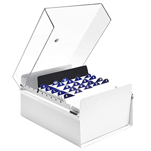 Acrimet 5 X 8 Card File Holder Organizer Box Metal Base Heavy Duty (AZ Index Cards and Divider Included) (White Color with Clear Crystal Plastic Lid Cover)