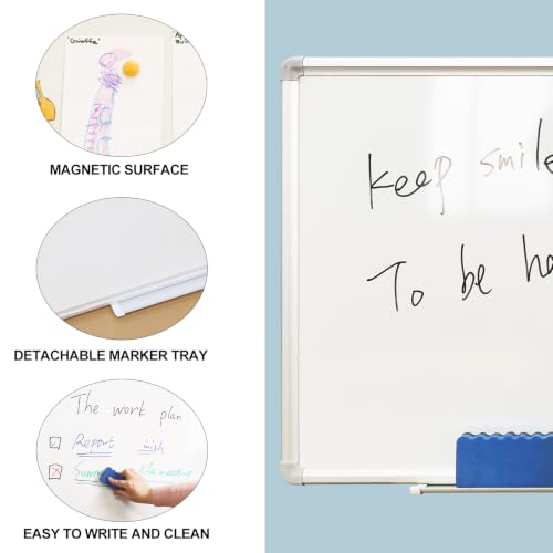 DEVELOP Cork & Magnetic Dry Erase Combo Board, 36 x 24 Inch, Wall Mounted Whiteboard/Blue Felt Bulletin Combination Board with Marker Tray, Pins, Eraser, Markers & Magnets