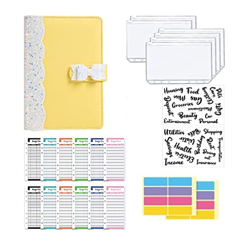 A6 Budget Binder Planner with 6 Pieces Cash Envelopes Bag Colorful PU Leather Notebook(Black)