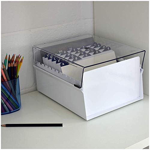 Acrimet 5 X 8 Card File Holder Organizer Box Metal Base Heavy Duty (AZ Index Cards and Divider Included) (White Color with Clear Crystal Plastic Lid Cover)