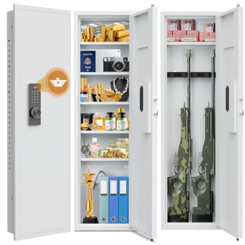 Omethey 53.15" Wall Safe Between the Studs, Hidden Safe with Dual Alarm System and Silent Mode, Wall Gun Safe with 3 Adjustable Shelves and Magnetic Slot (White-Digital)