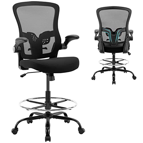 Drafting Chair,Tall Office Chair, Ergonomic Standing Desk Chair with Flip-up Armrests,Mid-Back Counter Height Computer Task Chair with Lumbar Support and Adjustable Footrest Ring,Black