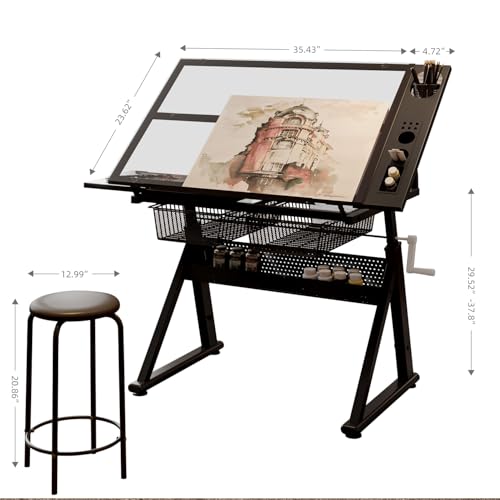 Japovker Adjustable Height Drafting Table with Storage Drawers & Stool for Adults, Glass Art Desk with Side Storage Strips, Drawing Table with Tilted Tabletop for Art Office Study (Black+Glass A)