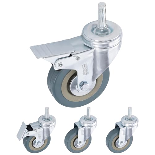 H&S Heavy Duty Castor Wheels - Set of 4 75mm (3") Castors with M10 Bolt - PU Swivel Trolley Wheels for Furniture - Lockable Caster with Brakes - Outdoor Wheel Casters