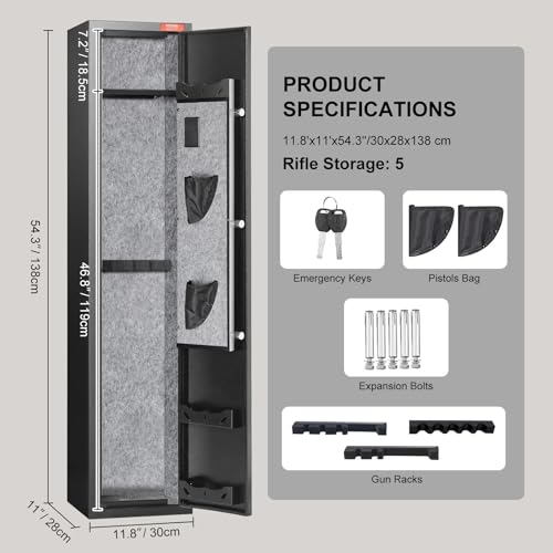 VEVOR 5 Rifles Gun Safe, Rifle Safe with Fingerprint Lock, Quick Access Gun Storage Cabinet for Shotguns with Removable Shelf & Pistol Rack