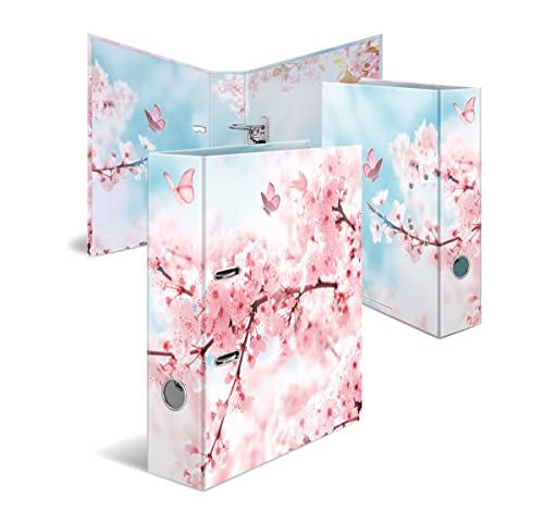 HERMA A4 Flowers Cherry Blossom Set of 10, 7 cm Wide Sturdy Cardboard, Coloured Outer and Inside Printed in Design, Ring Binder Lever Arch Motif Folder