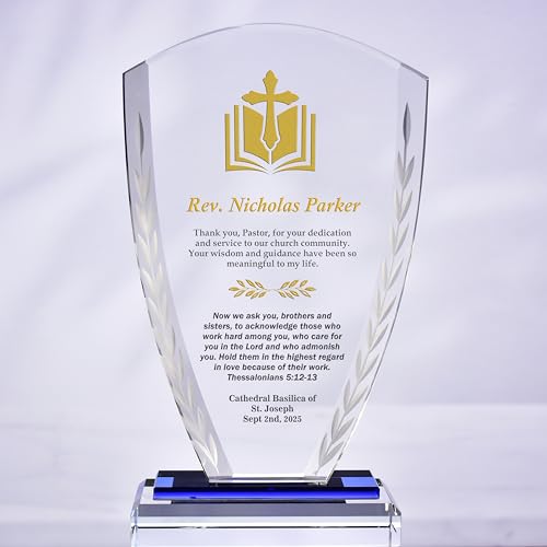 Personalized 9” Glass Plaque, Customized Gift Award Trophy for Pastors