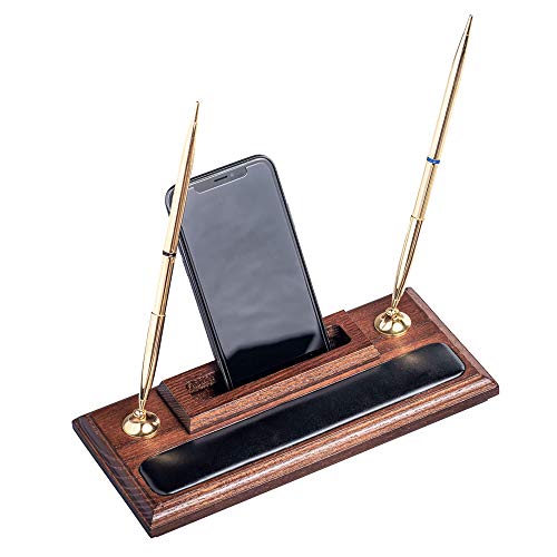 Walnut and Leather Pen Stand with Cell Phone Holder