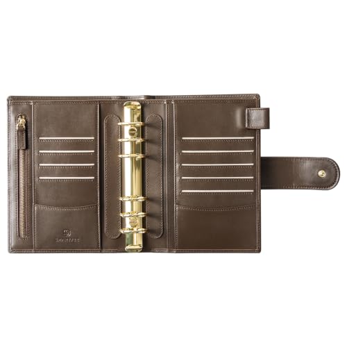 Smartfee Leather Personal Organizer Planner – 6 Rings Notebook Binder with Flyleaf, 30mm Gold Ring, NP leather（NP brown)
