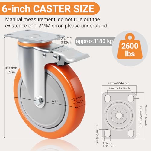 6 Inch Swivel Caster Wheels Set of 4, 2600lb Capacity, Silent Polyurethane Wheels with Locking Brakes – Industrial Plate Mount Casters for Heavy Equipment, Furniture Dollies, Tool Carts
