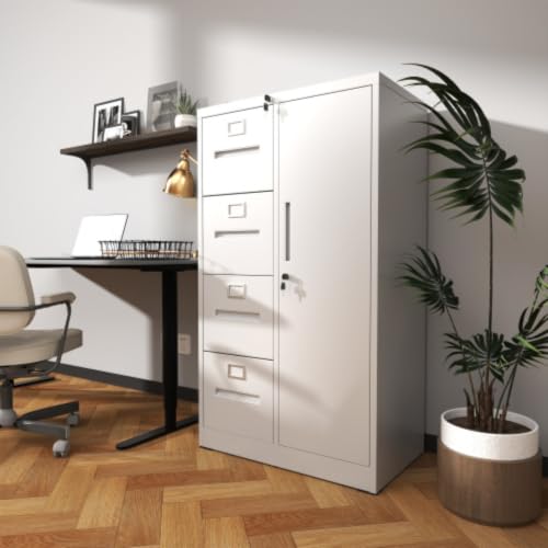 Daklpiw 4 Drawer File Cabinet with Lock & 1 Door, Metal Storage Unit with Shelves and Hanging Rod, Vertical Filing Cabinet for Home Office, Fits Letter/Legal/A4/F4, Easy Assembly (White)