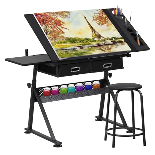 BBBuy Drafting Table Drawing Desk Art&Craft Work Station Height Adjustable Tilting Tabletop Craft Table Desk w/Stool and 2 Storage Drawers for Home Office Study Room, Black